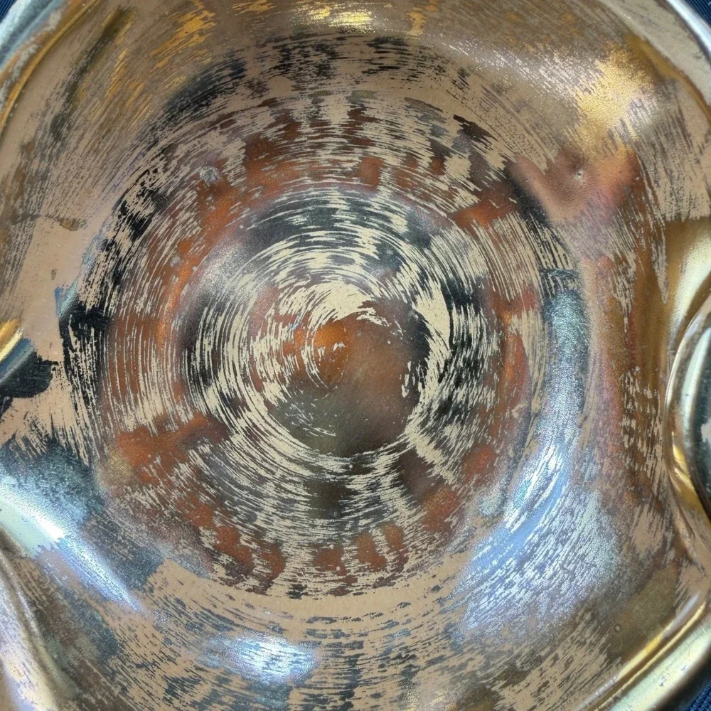 Stangl Pottery Granada Gold Hand Painted Ceramic Leaf Bowl Ring Handle 3787 7in